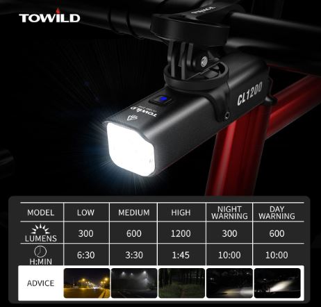 TOWILD CL1200 Garmin/GoPro Mount kompatibel 1200 4000mAh batteri Vattentät cykelljus för pendlare