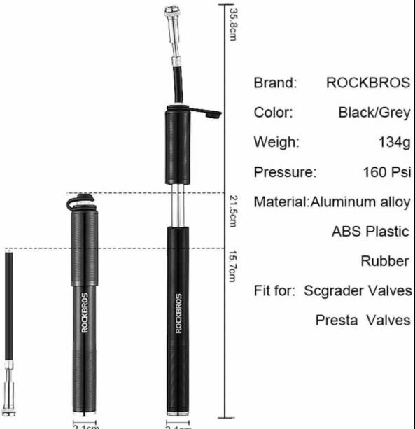 ROCKBROS HQ-52BK cykel mini pump ram pump Presta & Schrader 160 PSI