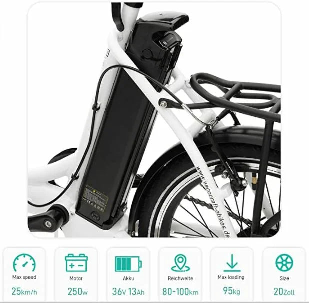 VecoCraft E-Pax Elektro Klapprad 20 Zoll E Bike 250W Motor, Shimano 7 Gang-Schaltung