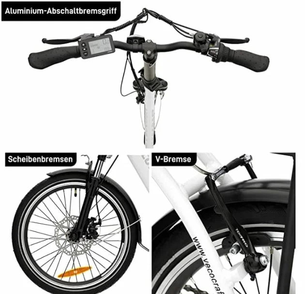 VecoCraft E-Pax Elektro Klapprad 20 Zoll E Bike 250W Motor, Shimano 7 Gang-Schaltung